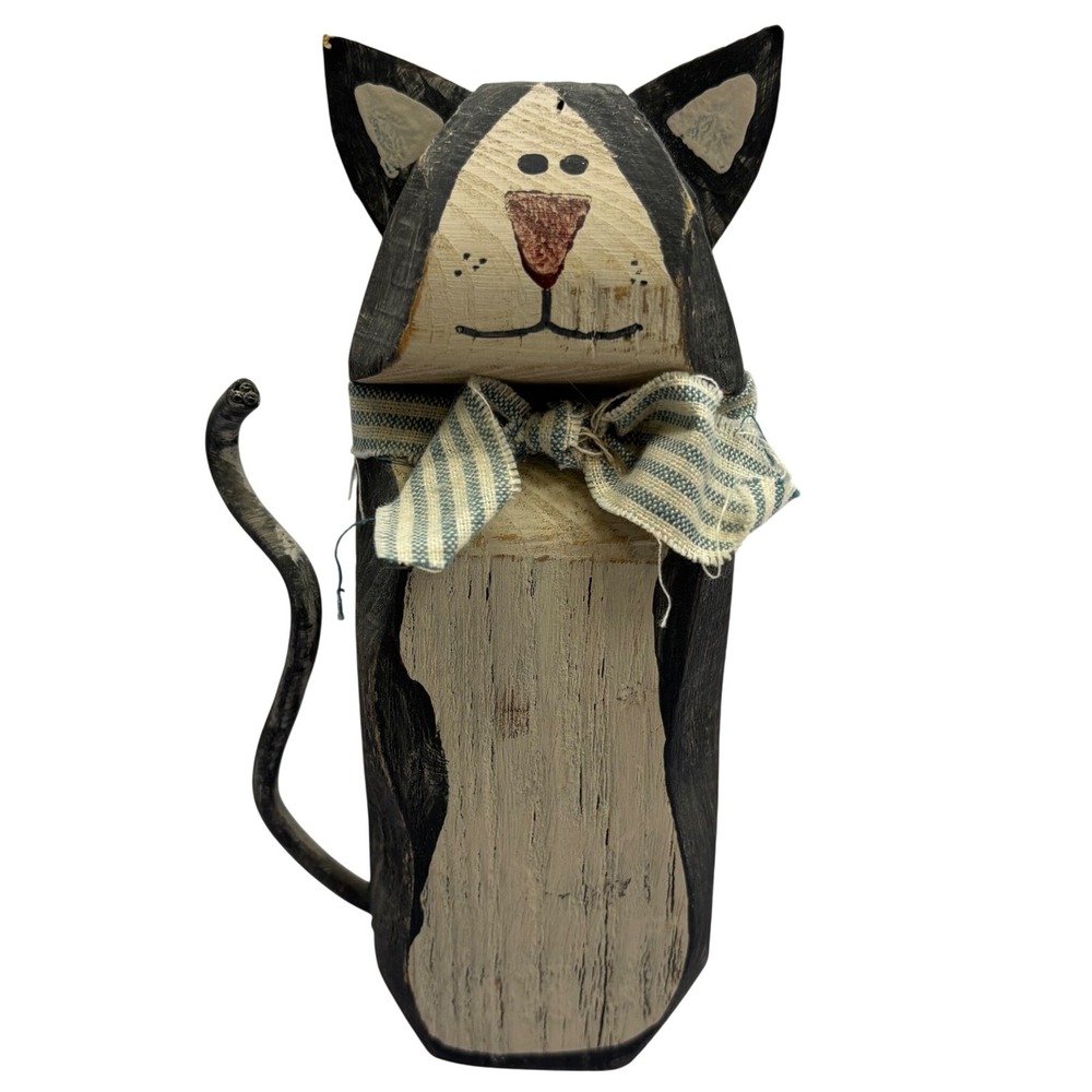 Vintage Primitive Wooden Cat Figurine Rustic Folk Art Hand Painted Decor 7 Inch